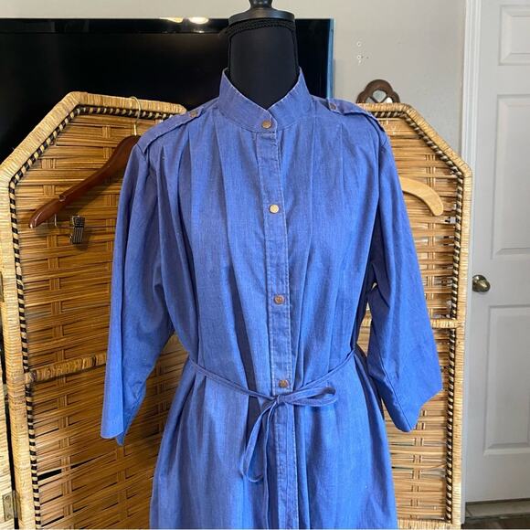 Vintage Models Coat Blue Button-Up Midi Dress artist smock belted pockets 12 USA - Picture 4 of 10